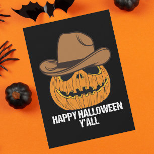 Funny Happy Halloween Y'all Cowboy Kürbislaterne Feiertagskarte