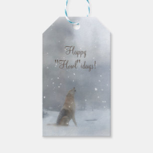 Funny Happy Holidays Gift Tags mit Wolf und Schnee Geschenkanhänger