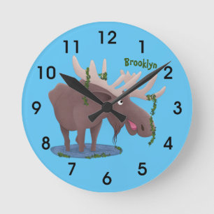 Funny happy moose cartoon illustration runde wanduhr