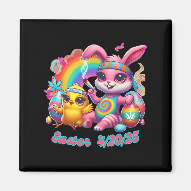 Funny Happy Oaster Bunny Chick Rauchen Weed Magnet (Vorne)