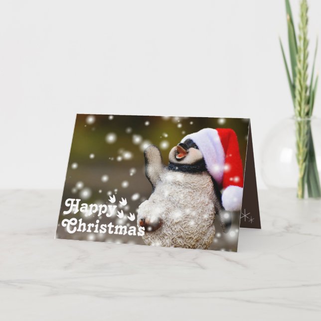 Funny Happy Santa Penguin & Frohe Weihnachten Einz Karte (Vorderseite)