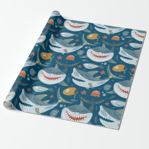 Funny Happy Shark Blue Ocean Tiermuster Geschenkpapier