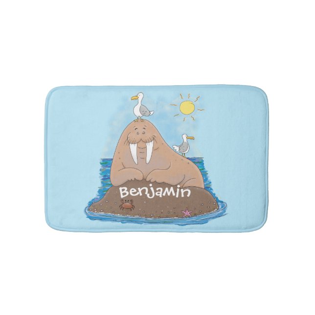 Funny happy walrus Cartoon Illustration Badematte (Vorderseite)
