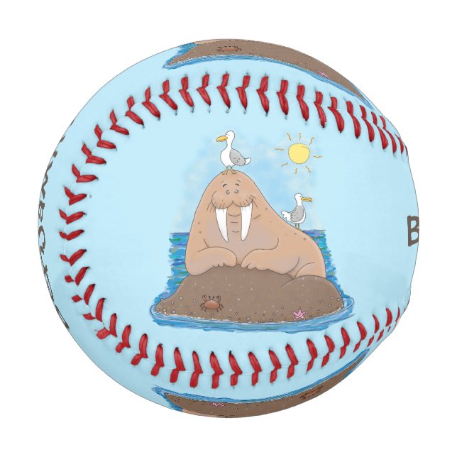 Funny happy walrus Cartoon Illustration Baseball (Vorderseite Links)
