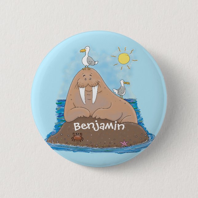 Funny happy walrus Cartoon Illustration Button (Vorderseite)