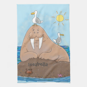 Funny happy walrus Cartoon Illustration Geschirrtuch