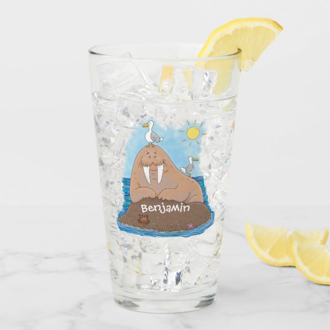 Funny happy walrus Cartoon Illustration Glas (Rückseite Ice)
