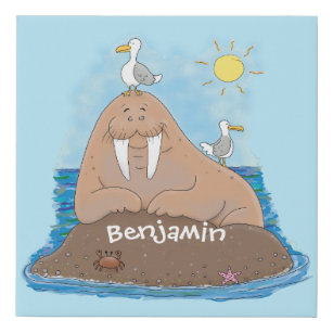 Funny happy walrus Cartoon Illustration Künstlicher Leinwanddruck