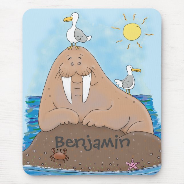 Funny happy walrus Cartoon Illustration Mousepad (Vorne)