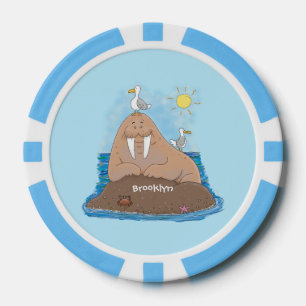 Funny happy walrus Cartoon Illustration Pokerchips