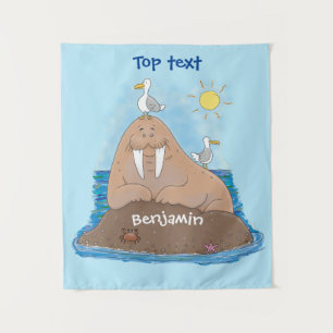 Funny happy walrus Cartoon Illustration Wandteppich