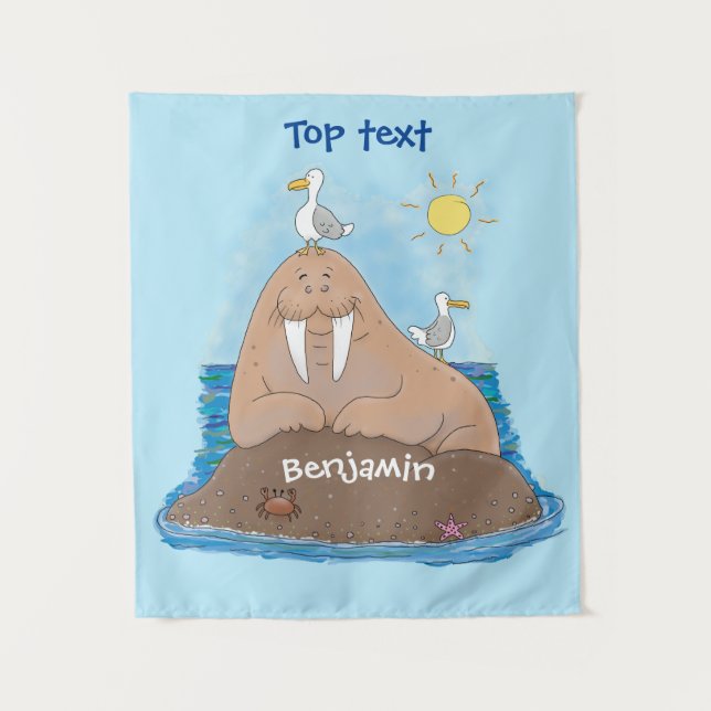 Funny happy walrus Cartoon Illustration Wandteppich (Vorderseite)