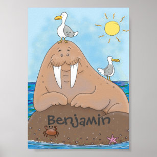 Funny happy walrus Cartoon Illustrator Cartoon Poster
