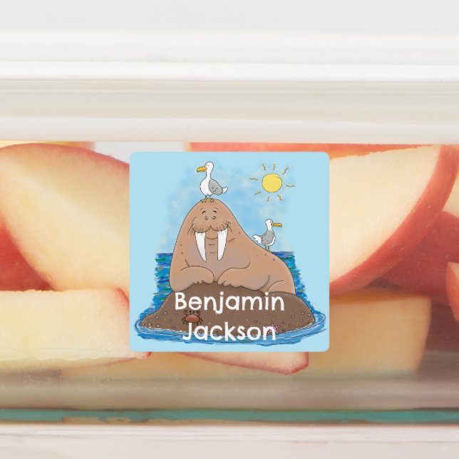 Funny happy walrus Cartoon personalisiert Etiketten (Befestigt)