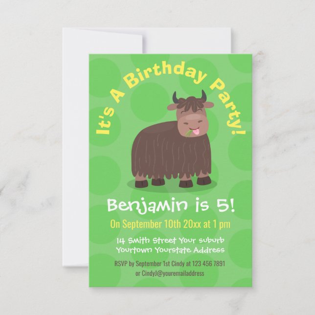 Funny happy yak aß gras Cartoon Illustration Einladung (Vorderseite)