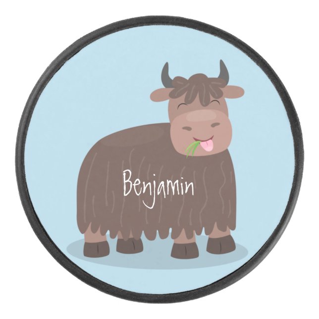 Funny happy yak aß gras Cartoon Illustration Eishockey Puck (Vorderseite)