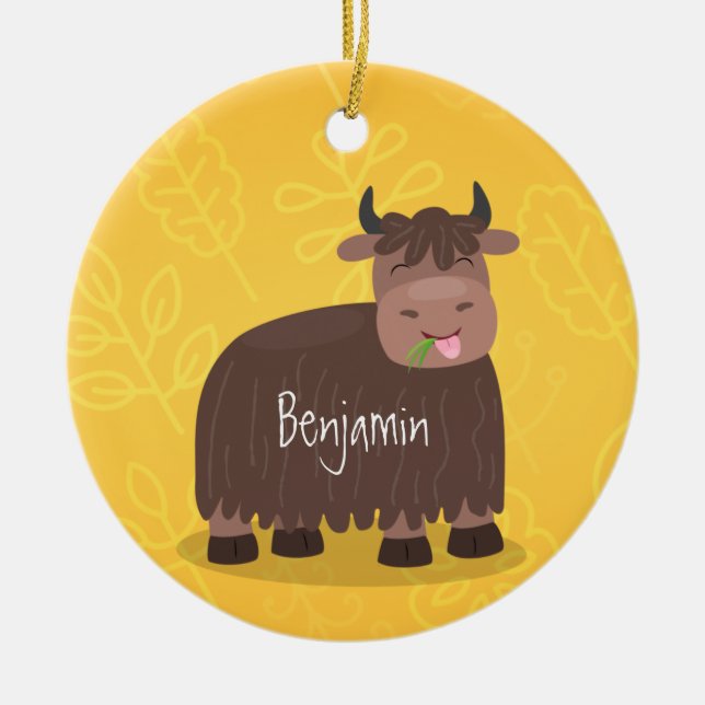 Funny happy yak aß gras Cartoon Illustration Keramik Ornament (Vorne)