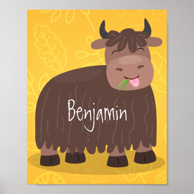 Funny happy yak aß gras Cartoon Illustration Poster (Vorne)