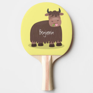 Funny happy yak aß gras Cartoon Illustration Tischtennis Schläger