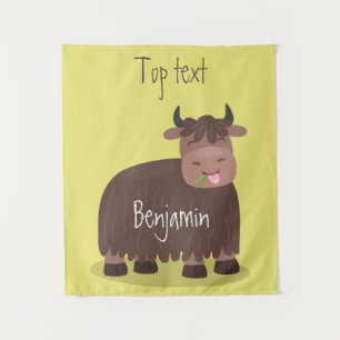 Funny happy yak aß gras Cartoon Illustration Wandteppich