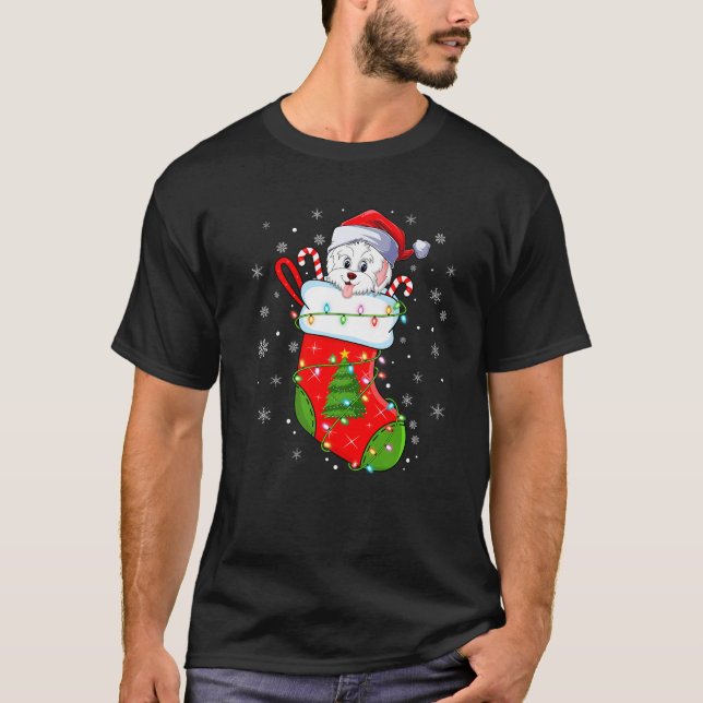 Funny Havanese Hund in Weihnachtssocken Lichter We T-Shirt (Vorderseite)