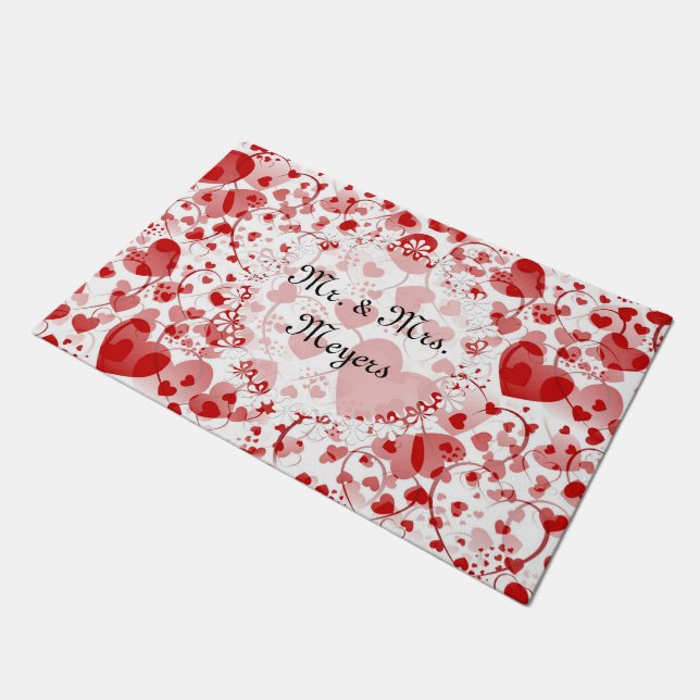 Funny Heart Pattern VII - rot weiß + Ihre Idee Fußmatte (Schrägansicht)