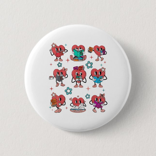 Funny Heart Reading Books Bookworm Valentinstag Button (Vorderseite)