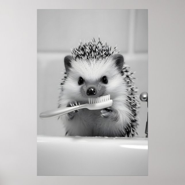 Funny Hedgehog Brushing Teeth Bathroom Print Poster (Vorne)