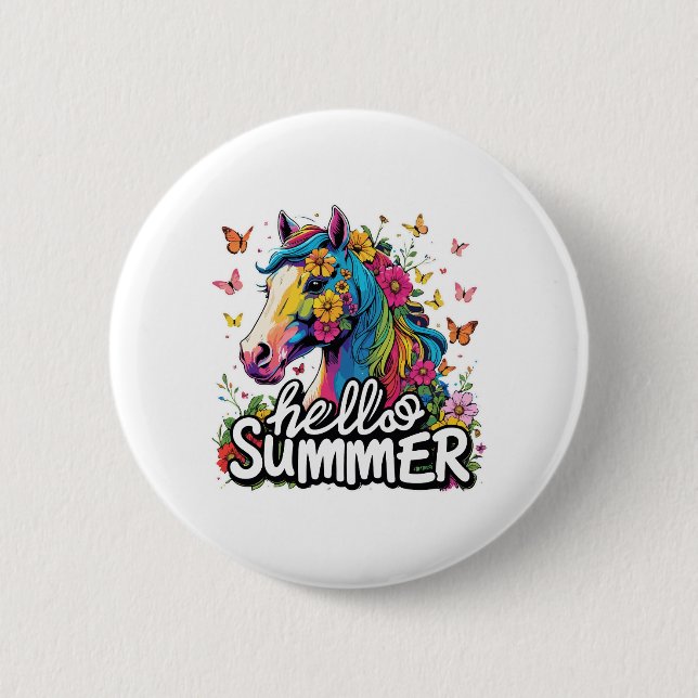 Funny Hello Summer Horse Button (Vorderseite)