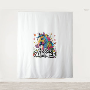 Funny Hello Summer Horse Wandteppich