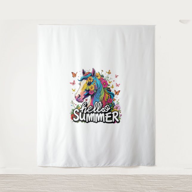Funny Hello Summer Horse Wandteppich (Vorderseite)