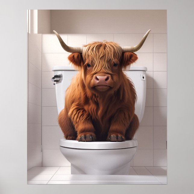 Funny Highland Cow auf der Toilette Badezimmer Poster (Vorne)