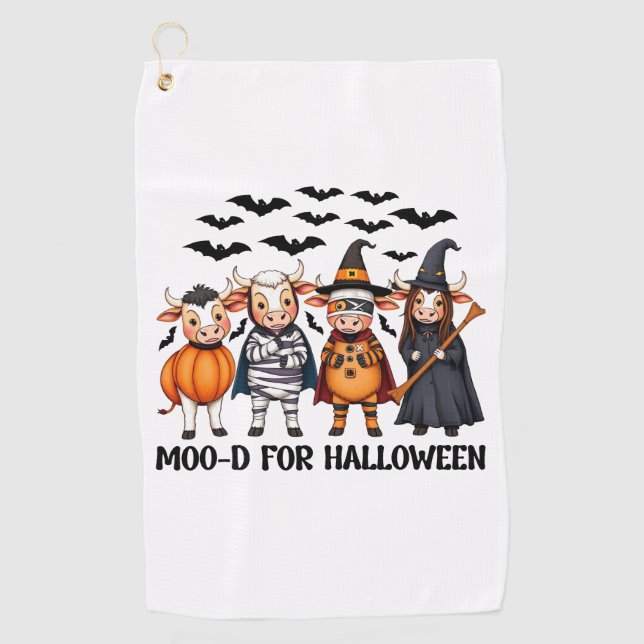 Funny Highland Cow Moo-d zu Halloween Golfhandtuch (Vorderseite)