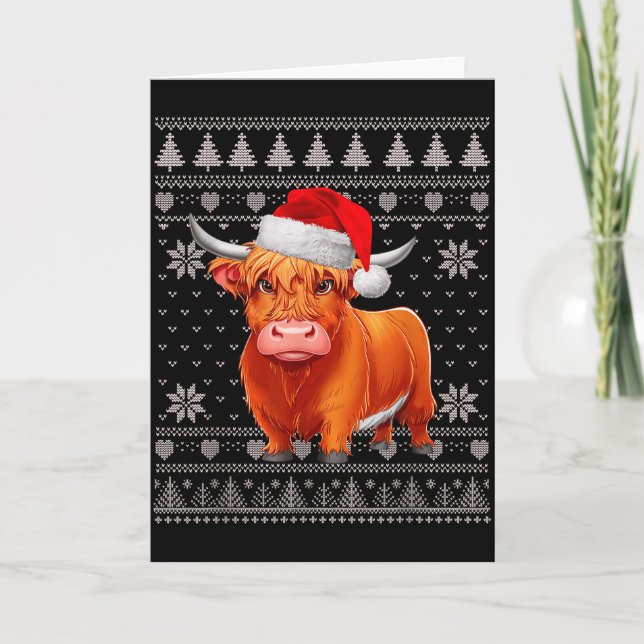 Funny Highland Cow Ugly Christmas Sweater Santa Xm Karte (Vorderseite)