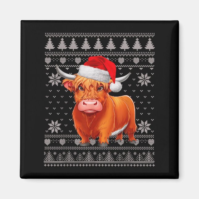 Funny Highland Cow Ugly Christmas Sweater Santa Xm Magnet (Vorne)