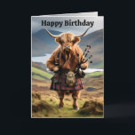 Funny Highland Cow with Bagpipe, Birthday Card Karte<br><div class="desc">Mit Blick auf das schottische Highland ist eine lustige Hochlandkuh Stehend mit Kilt auf und trägt seine Bagpipe.</div>
