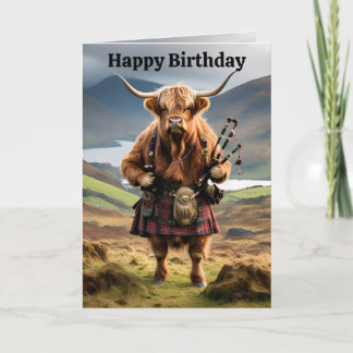 Funny Highland Cow with Bagpipe, Birthday Card Karte