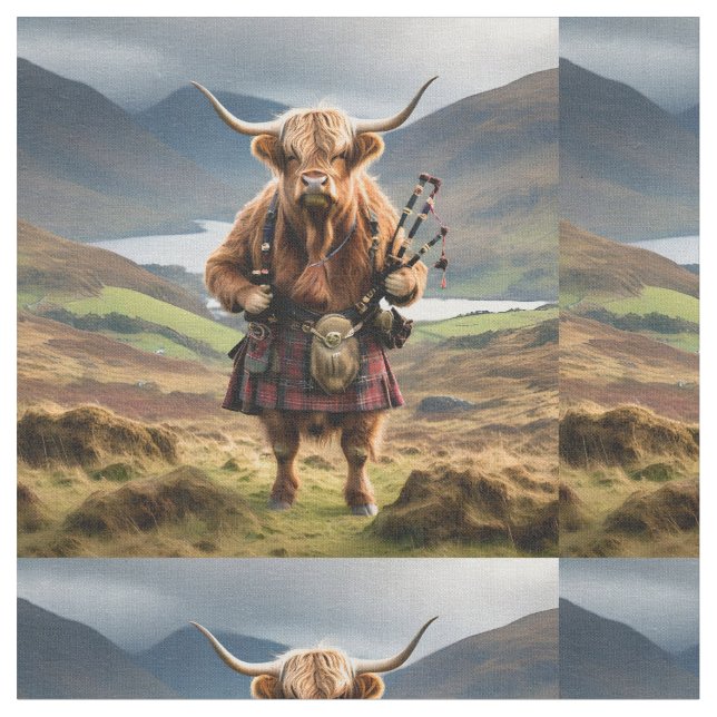 Funny Highland Cow with Bagpipe, Stoff (Nahaufnahme)