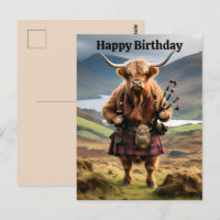 Funny Highland Kuh mit Bagpipe Geburtstagskarte