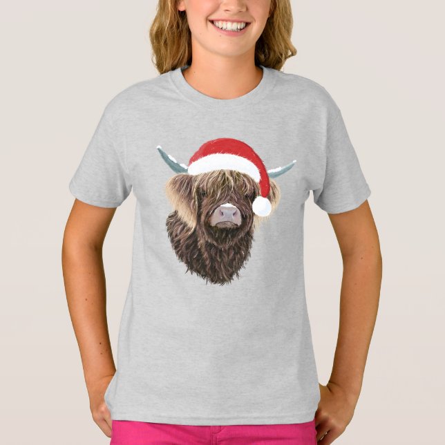 Funny Highland Kuh mit einer Weihnachtszeit-Weihna T-Shirt (Vorderseite)