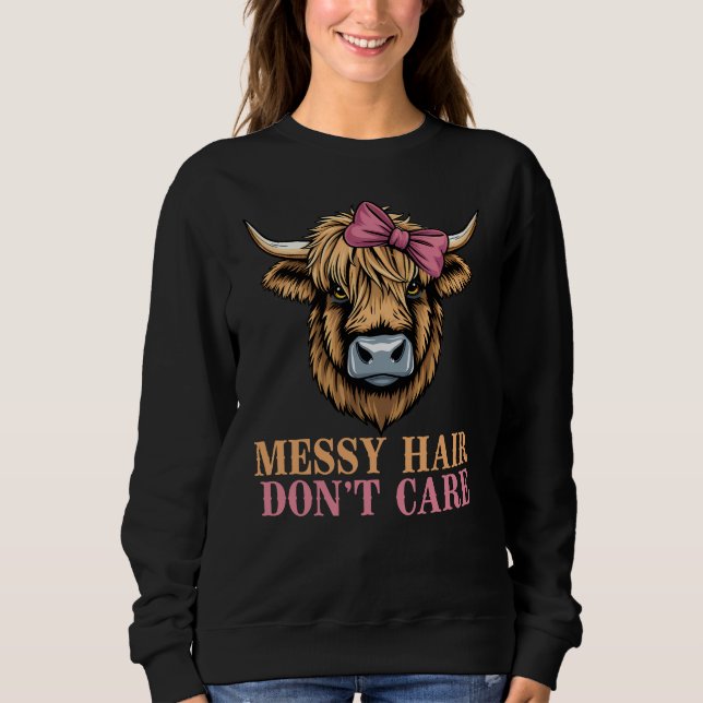 Funny Highland Kuh Pink Bow, Messy Hair Keine Sorg Sweatshirt (Vorderseite)