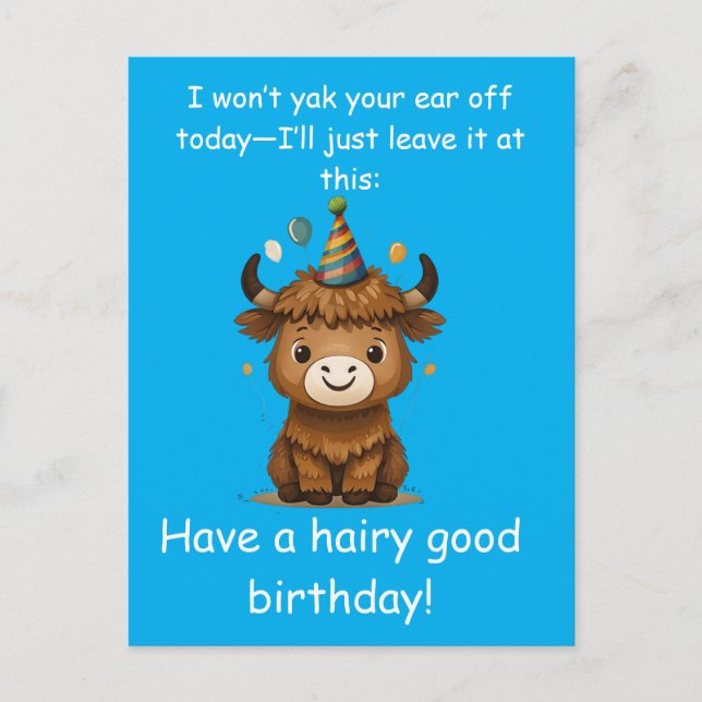 Funny Highland Yak: Hairy Good Birthday Puns Postkarte (Vorderseite)