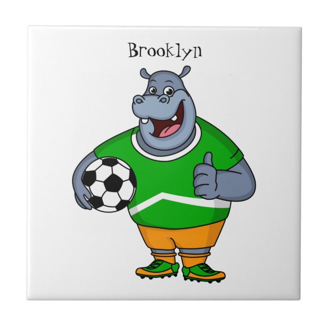 Funny Hippo Fußballspieler Cartoon Illustration Fliese (Vorderseite)