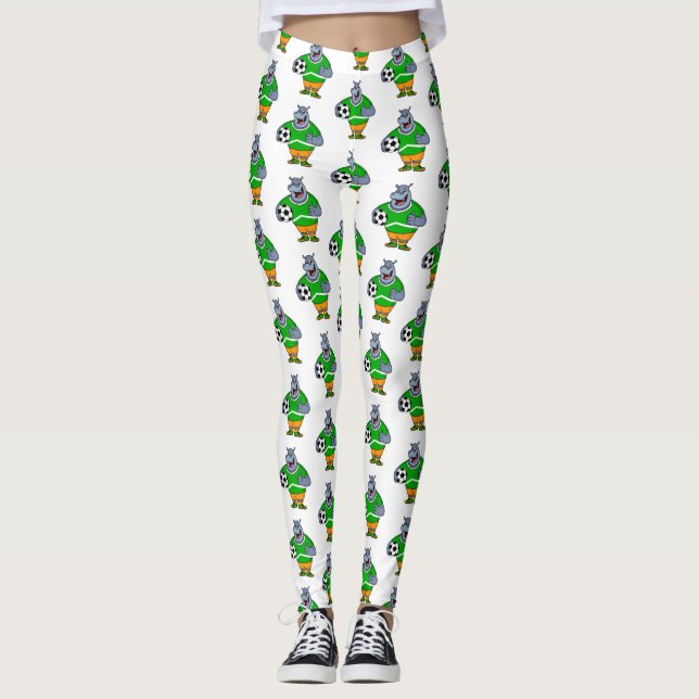 Funny Hippo Fußballspieler Cartoon Illustration Leggings (Vorderseite)