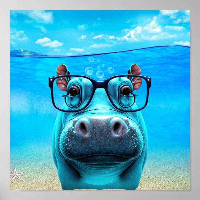 Funny Hippo mit Brille Hippopotamus Zoo Tier Poster (Vorne)