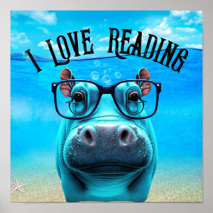 Funny Hippo mit Brille I Liebe Lesebuchbibliothek Poster