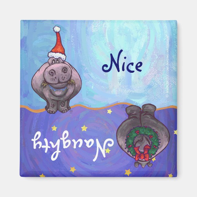 Funny Hippo Naughty Nice Holiday Magnet (Vorne)