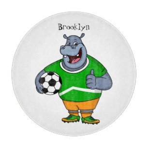Funny hippo soccer player cartoon illustration  schneidebrett
