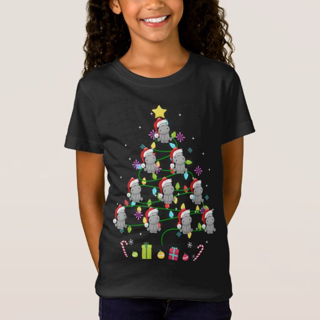 Funny Hippo Weihnachtsbaum Farbe LED Licht T-Shirt (Vorderseite)