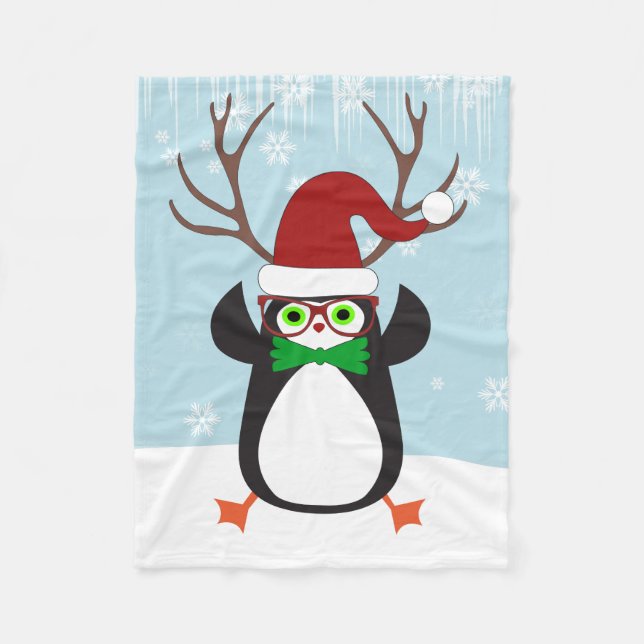 Funny Hipster Weihnachtspenguin mit Antlern Fleecedecke (Vorderseite)